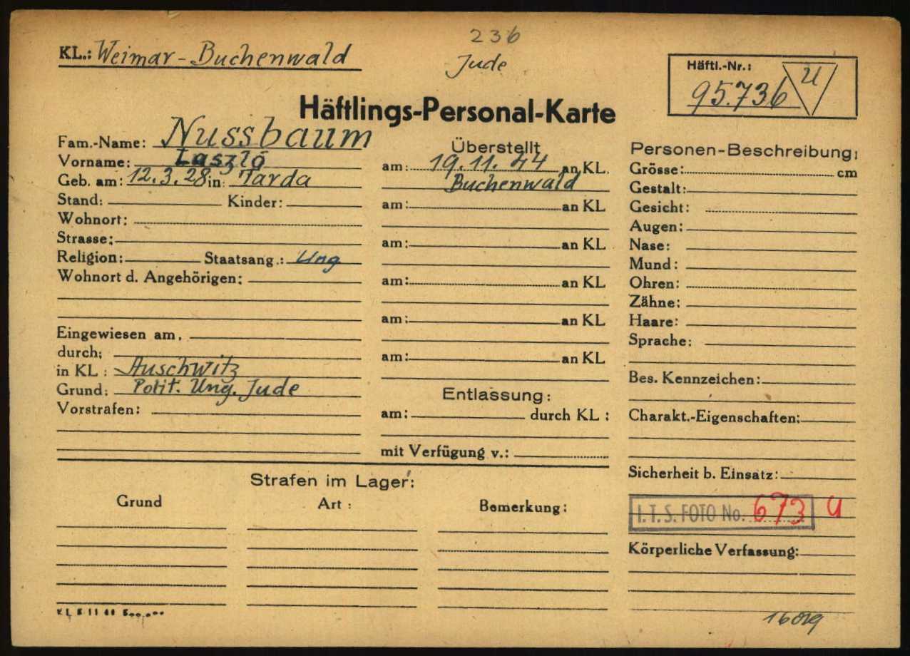 The prisoner registry card of László Nussbaum. 1928 is indicated as his year of birth, although he was born in 1929 (Arolsen Archives, ITS)
